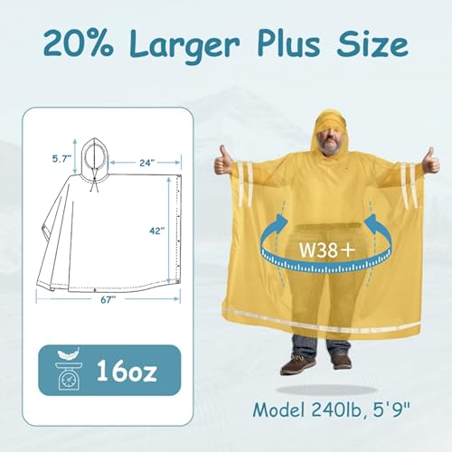 Plus Size Rain Poncho with Hood and Reflective Stripes, Big and Tall Rain Poncho, Ideal as Rain Ponchos for Adults - color: Yellow