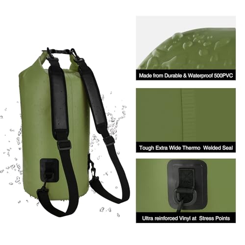 Piscifun Dry Bag, Waterproof Floating Backpack 10L/20L/30L/40L | Waterproof Phone Case, Adjustable shoulder straps, Roll-top closure keeps gear dry, Ideal for Boating, Kayaking, Fishing - color: Army Green, style: 10l