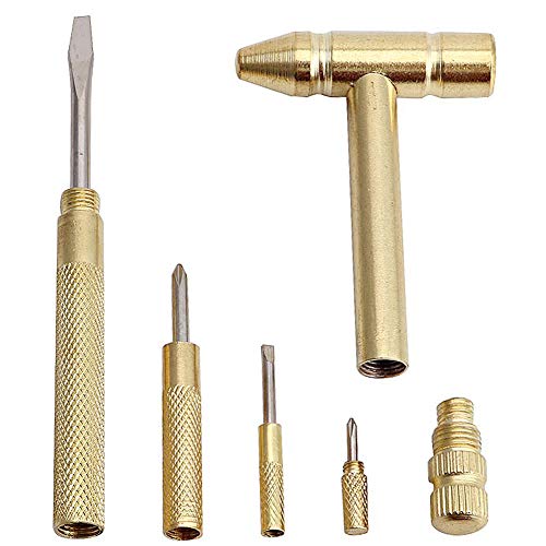 6 in 1 Micro Mini Multifunction Copper Craft Hammer & Screwdriver Hand Tools Ideal for Watchmaker Jewelers and Walnut eaters - color: （gold）
