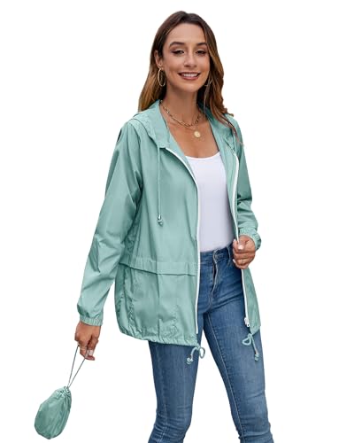 Hount Women Rain Jacket Lightweight Waterproof Packable Raincoat with Hood - color: Light Green, size: Large