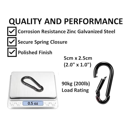 Black & Silver Zinc-Galvanized Heavy Duty Bushcraft Carabiner Spring Snap Clip Link Hooks 200-500lb Load 2, 6 & 12 Packs - color: 5cm (2.0in) Black 2 Pack