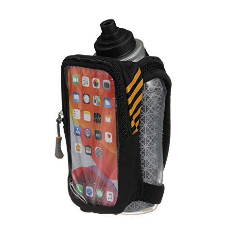 Nathan SpeedView Insulated Handheld Running Water Bottle Flask 18oz – Double-Wall Insulation, Ergonomic Grip, Blast Valve Cap, Phone & Key Storage Pockets, Reflective Design - color: 18oz Flask Clearview - Black
