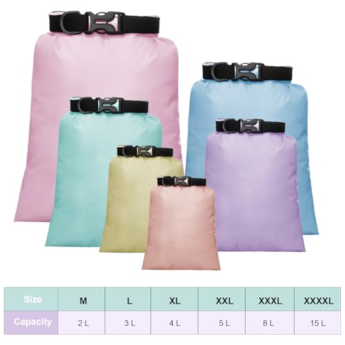 Shappy 6/12 Pcs Waterproof Dry Bags, Lightweight Outdoor Waterproof Dry Stuff Sacks 15/8/5/4/3/2 L and Long Adjustable Shoulder Strap for Kayaking Rafting Boating Hiking Camping - color: Pastel