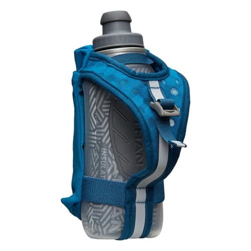 Nathan SpeedDraw 2 Insulated Handheld Running Water Bottle Flask – Double-Wall Insulation, Ergonomic Grip, Blast Valve Cap, Phone & Key Storage Pockets, Reflective Design, 12oz Insulated - Deep Blue - color: 12oz Insulated - Deep Blue