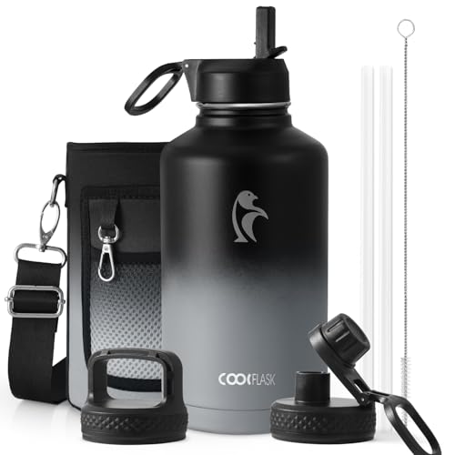 Coolflask Half Gallon Water Bottle Insulated with Straw & 3 Leakproof Lids | 64 oz Large Water Jug Stainless Steel Triple-Wall, Cold 48+h/Hot 24+h Dishwasher Safe, BPA-Free, for Sports Gym & Hiking - color: Piano Night, size: 64 Ounces