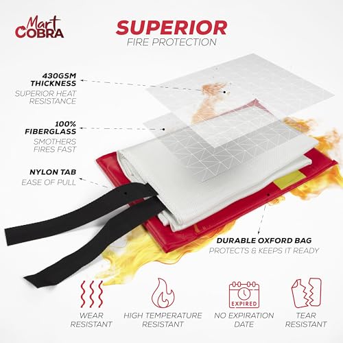 Mart Cobra Emergency Fire Blanket for Home & Kitchen 2-Pack Safety | Fiberglass Extinguisher Grease Stove Reusable Protection Preparedness RV Car Fireproof Retardant Resistant Suppression - size: [2 Pack] Fire Blanket