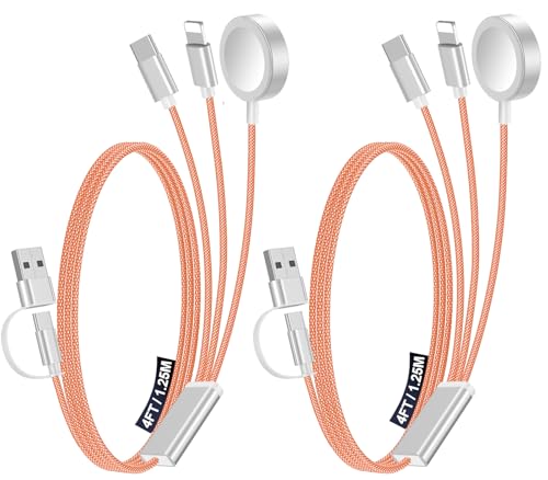 2Pack Travel Essentials for Apple Watch Charger,3-in-2 Multi Charging Cable | Cruise Vacation Camping Essentials for iPhone Charger,Type C/Lightning for iWatch,iPhone 17-12,Xbox Series X&S-4FT Gray - color: Orange, size: 2Pack-4FT