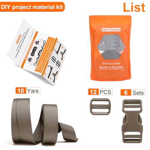 BEYOURD Buckle and Strap Set, 10 Yards Polyester Webbing Strap with 6 Dual Adjustable Side Release Plastic Buckles, 12 Pcs Tri-Glide Slider Clips for Tactical Gear (Everyday Series 1 Inch, Coyote Tan) - color: Coyote Tan