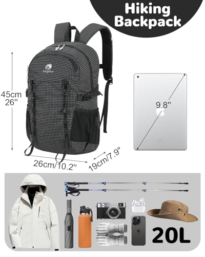 20L Waterproof Hiking Backpack, Lightweight Small Travel Daypack | for Women Men, with Chest Strap, Padded Shoulder Straps, Breathable Backpanel, Multi-Hanging Point, for Travel Hiking Outdoor - color: Black