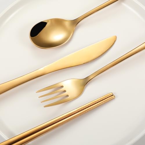 iNKULEER Travel cutlery set, 18/8 stainless steel cutlery, Reusable utensils set with case, Portable Silverware Lunch Box for Camping and Office-Stainless steel - color: Gold