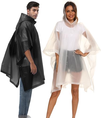 Reusable Rain Ponchos with Drawstring Hood for Adults, Waterproof Thicken Rain Coat, 2 Packs - color: White & Black