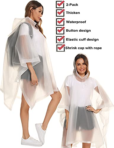 Reusable Rain Ponchos with Drawstring Hood for Adults, Waterproof Thicken Rain Coat, 2 Packs - color: White & Grey