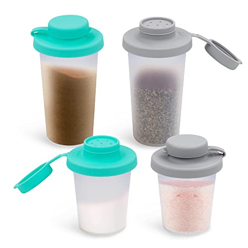 SOPHICO 3.2 & 4.5oz Salt and Pepper Shaker,With Moisture Proof silicone lid | Moisture Proof Sinlicone Lids, Spice Shaker to go for Camping Travel Picnic Lunch Boxes - color: Mint & Grey, Medium & Large