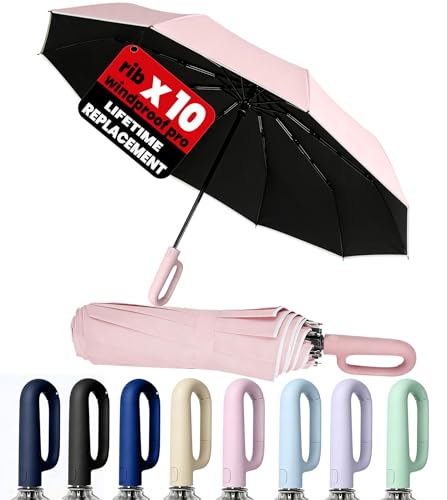 SIEPASA Travel Umbrella with Carabiner Handle - Windproof 10 Ribs Auto Open/Close for Rain & Sun Protection, Compact Portable Clip-on Backpack Design with Safety Reflective Strip. - color: UV-Light Pink