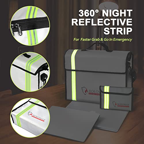 ROLOWAY Large (15 x 12 x 5 inches) Fireproof Bag with Reflective Strip, Water Resistant Fireproof Document Bag Safe for Money, Documents and Valuables Storage - size: Large + Small, style: Silver With Reflective Strip