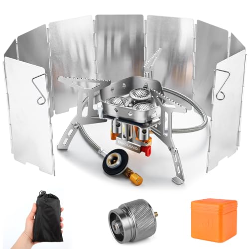 Odoland 3500W/6800W Windproof Camp Stove Camping Gas Stove with Windscreen, Fuel Canister Adapter, Piezo Ignition for Outdoor Backpacking Hiking and Picnic - style: 6800W