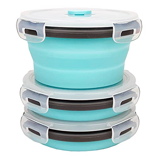 CCyanzi 3piece Round Collapsible Bowl with Lids, Silicone Food Storage Containers, Microwave & Freezer Safe, Space Saving for Kitchen Cabinet and Camping Backpack,(Blue Gray) - color: blue with gray