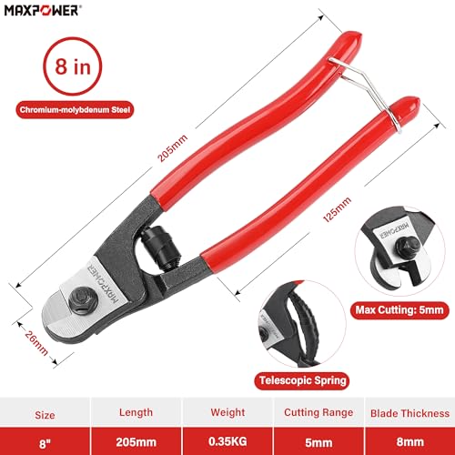 MAXPOWER Wire Cutter, 8-Inch Wire Rope Cutters for Steel Wire, Wire Seals, Aircraft Bicycle Cable, Cable Cutter Cuts Up to ¹³/₆₄"(5mm) - size: 8"
