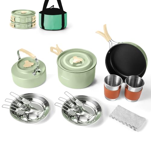 Odoland 15pcs Camping Cookware Mess Kit, Lightweight Pot Pan Kettle Set | Anodized aluminum, for hiking, outdoor cooking and picnic, 1.9L pot 0.8L kettle 0.86L pan mess kit, little compact pot set - style: Green