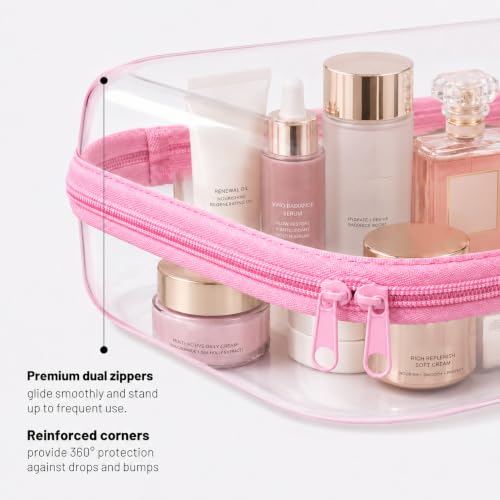 3 Pack Clear Hard Shell Zipper Case (1XL + 1L + 1M, Pink) | Travel Toiletry Bag, Waterproof 1.2mm PET Hard Plastic Pouches, Organizer Box for Makeup, Toy, Snack, Stationery, Diaper - color: Pink(XL+L+M)