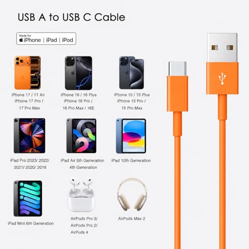 10FT long Orange Car Carplay Cable for iPhone 17/16/15, USB A to USB C Cable Compatible for iPhone 17Air, 17/16/15 Pro Max,17E/16E/Plus, iPad 10th/11 Gen,iPad Pro 12.9,Air 5th/4th Charging Cable Cord - color: Orange, size: 10FT, style: USB A to USB C (for