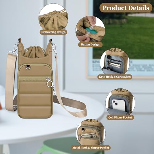 bvya Puffer Water Bottle Holder Quilted Sports Pouch Bag with Adjustable Shoulder Strap & Paracord Handle - color: Khaki