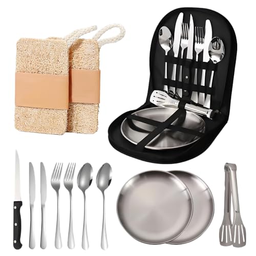 Camping Cutlery Set, 12-Piece Stainless Steel with Plates and Case, Portable Outdoor Dining Kit, Silver