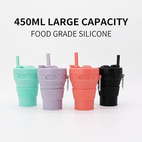 Silicone Coffee Mug Collapsible Cups for Camping Folding Travel with Straw Reusable Portable Drinking Cups Outdoor Hiking 450ml (Green-450ml, 1) - color: Green-450ml