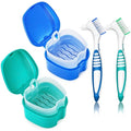 2 Pack Denture Bath Case Cup with Lid and Strainer Basket, Retainer Cleaner Case Dental False Teeth Container with 2 Travel Brushes, Lake Green and Dark Blue - color: Lake Green & Dark Blue
