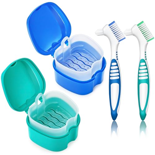 2 Pack Denture Bath Case Cup with Lid and Strainer Basket, Retainer Cleaner Case Dental False Teeth Container with 2 Travel Brushes, Lake Green and Dark Blue - color: Lake Green & Dark Blue