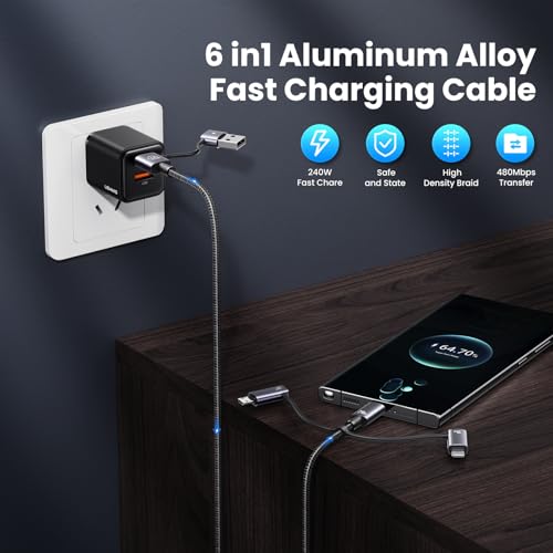 240W Multi Charging Cable, 6.6ft 6-in-1 USB C Cable Fast Charging Cords with USB-C/A Ports to IP/Type C/Micro Connectors for Pad/Cell Phones/Tablets/Laptop - size: 6.6ft