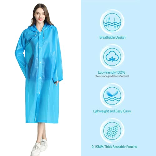 Rain Ponchos for Adults Reusable, 2-5 Pack Raincoat for Women Men, Waterproof Rain Coat Gear with Hood Drawstring - color: Blue X2