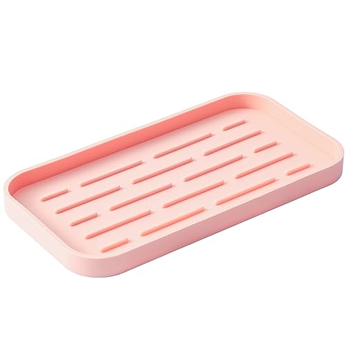 MicoYang Silicone Kitchen Sink Organizer Tray for Multiple Usage,Easy Clean,Eco-Friendly Sponges Holder for Kitchen Bathroom Counter or Sink,Dish Soap Dispenser,Scrubber,Bottle,Cup Pink 10”x 5.3” - color: Pink, size: 10" x 5.3" x 0.7"