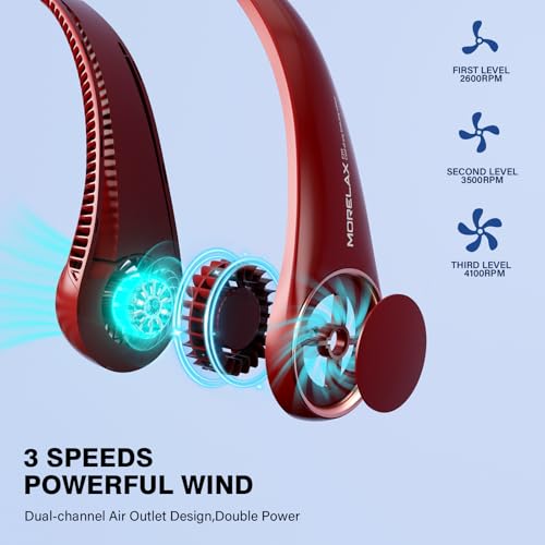 Morelax Neck Fan, USB Rechargeable Personal Fan,Hand Free Bladeless Portable Fans,4000 mAh, 3 Speeds,72 Air Faster softer 360° Cooling, Gift Suitable for Home, Office, Travel, Sports Red - color: Red