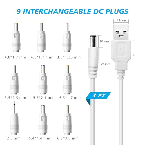 USB to DC 5V Power Cord, Universal DC 5.5x2.1mm Charging Cable with 9 Interchangeable Connectors Adapter for Moon Lamp, Massage Wand, Router, LED Light, Mini Fan, Speaker and More Devices (White) - color: White