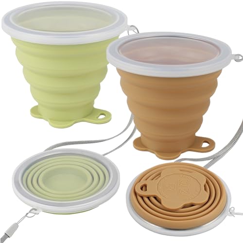 JBER Silicone Collapsible Travel Cup, Silicone Folding Camping Cup with Lids Expandable Drinking Cup for Outdoor Hiking Travel (Yellow Green & Light Brown) - color: Yellow Green & Light Brown.