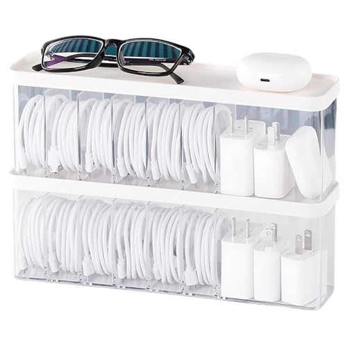 Charger Cable Cord Storage Organizer Box - Easy Storage Without Cable Ties | Stackable,with Lid,Dust-Proof,Space Saving,6 Standard Space and 1 Larger Space,for Home Office Desk Accessories Supplies