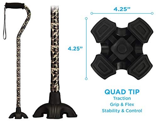 Nova Joy Designer Offset Quad Cane for Seniors - Unisex Adjustable Lightweight Walking Aid with Foam Handle, Wrist Strap and Anti-Rattle Lock - Essential Mobility Support - Camouflage - color: Camouflage