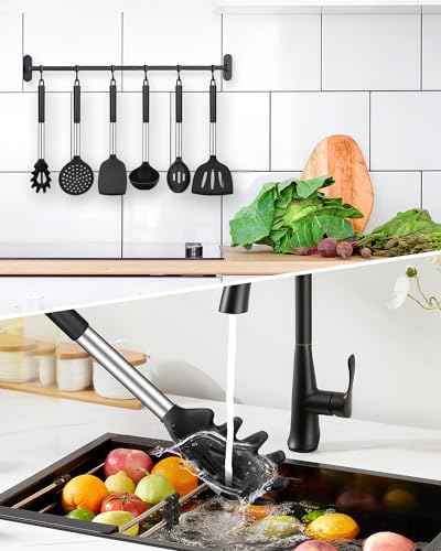 Silicone Cooking Utensils Set, 8 Pcs Kitchen Utensils with Holder, Black | BPA Free and Heat Resistant, Kitchen Tools for Non Stick Cookware include Spatulas, Turners, Spoons, Skimmer and Pasta Fork - color: Black