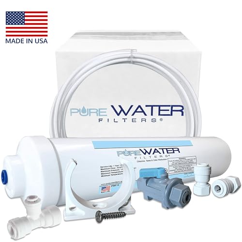 PureWater Filters Inline Water Filter Kit for Ice Makers, 1/4-Inch | Quick-connect fittings, 15 ft NSF water line, T-connector, reduces chlorine, taste & odor, made in USA, 1-year filter