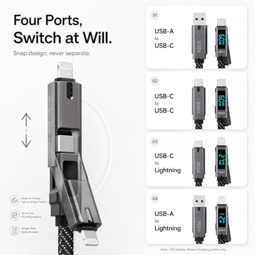 pzoz 4-in-1 Multi Charging Cable with LED Display, One Cable for USB-C & Lightning Devices, 60W Fast Charging Cord, USB A/C to USB C/Lightning for iPhone 17/16/15, iPad, MacBook, Samsung(5 ft) - style: 60W