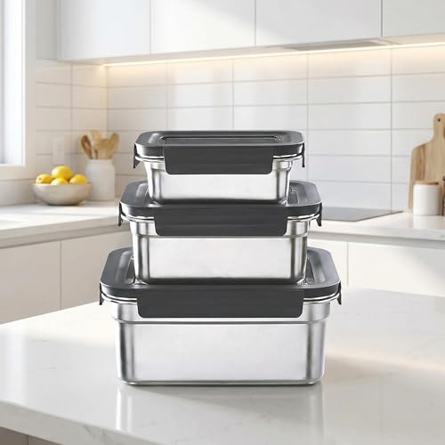 3Pcs 304 Stainless Steel Food Storage Containers with Lids, Nestable & Stackable, Leak-Proof Silicone Seal, 2500ML+1100ML+450ML, Dishwasher Safe, Straight Edge Black, Reusable Lunch Boxes for Meal Pre