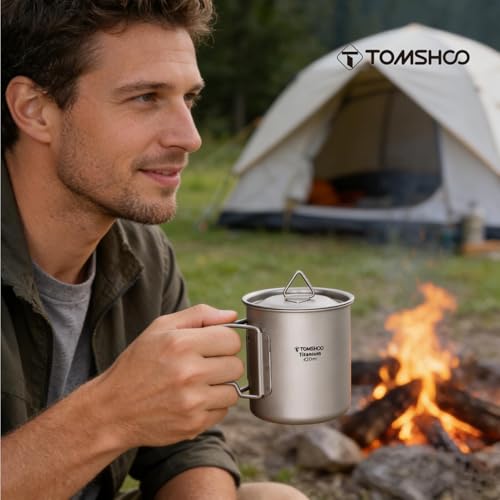 TOMSHOO 450ml/15oz Titanium Mug Camping Titanium Pot with Lid | Camping Coffee Cup with Foldable Handle, Backpacking Cup for Hiking Travelling Camping Open Fire - size: 420 Ounces