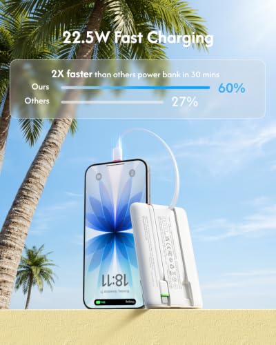 VEGER 10000mAh 22.5W Fast Charging Portable Charger with Built-in Cables | 0.4lb Slim USB C Power Bank, Small Battery Pack for iPhone 17/16/15/14/13 iPad Samsung, Flight Safe, Travel Essential, White - color: White