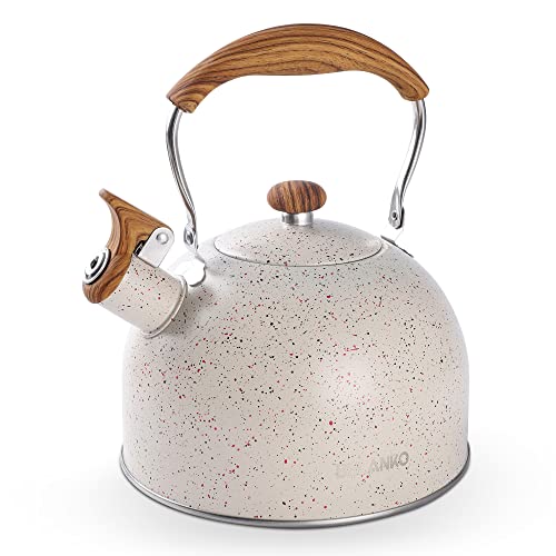 Tea Kettle, BELANKO 85 OZ / 2.5 Liter Whistling Tea Kettle, Tea Pots for Stove Top Food Grade Stainless Steel with Wood Pattern Folding Handle, Loud Whistle Kettle for Tea, Coffee, Milk - Cream White - color: Starry White