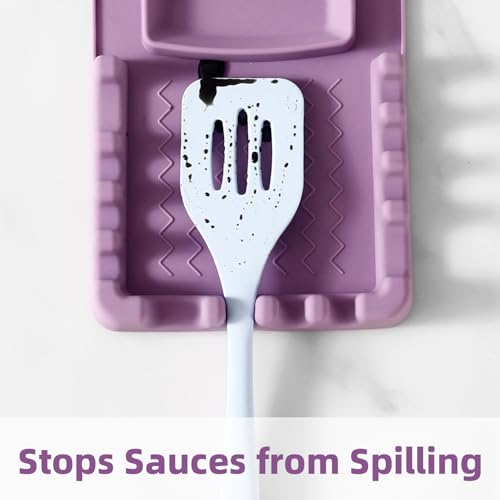 Silicone Utensil Rest with Foldable Stainless Steel Lid Holder – Multi-Slot Spoon & Spatula Holder, Heat Resistant, Non-Slip Rubber Feet, Dishwasher Safe, Space-Saving Kitchen Tool - color: Purple