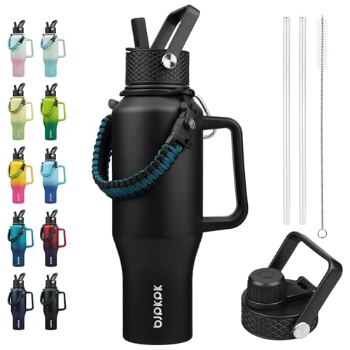 BJPKPK 35oz Insulated Water Bottle with Handle & Straw Lid, Stainless Steel - color: Black, style: 35oz-Side Handle