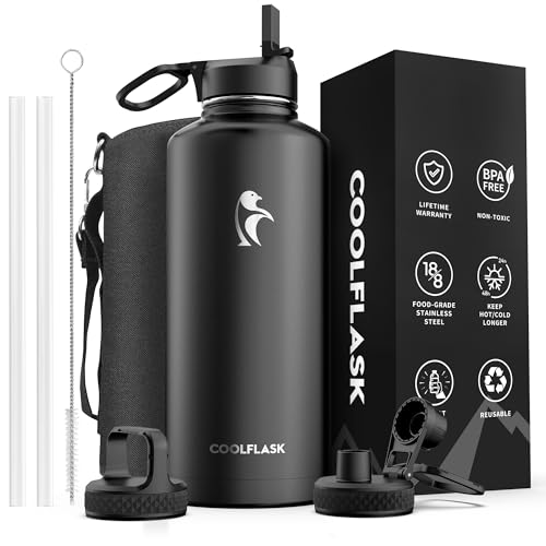 Coolflask 87 oz Insulated Water Bottle Stainless Steel with Straw & 3 Lids - color: Magic Black, size: 87 Ounces