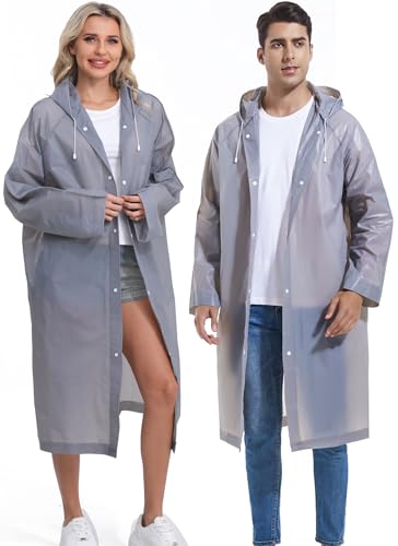 2-Pack Reusable Rain Ponchos for Adults, HOOMBOOM Raincoats Emergency for Women/Men with Drawstring and Sleeves - color: Grey