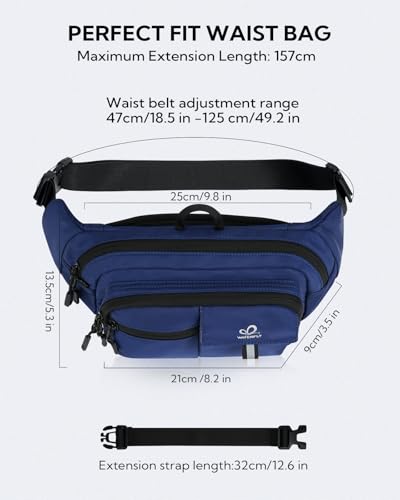 WATERFLY Fanny Pack Waist Bag: 3L Large RFID Anti-Theft with 9 Pockets - color: Navy Blue